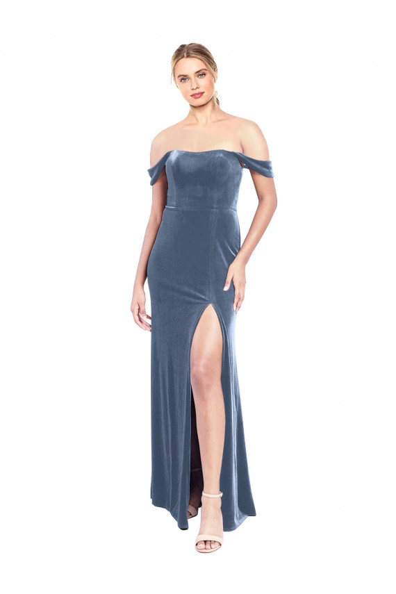 Cheap Draped Sleeves Wide Scoop Neck Off the Shoulder Velvet Prom Dress