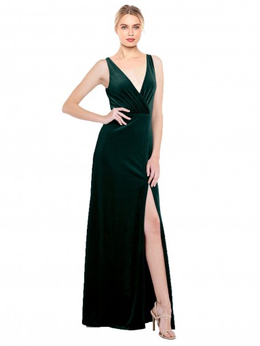 Cheap Sleek V-Neck Long Velvet Prom Dress with Side Slit
