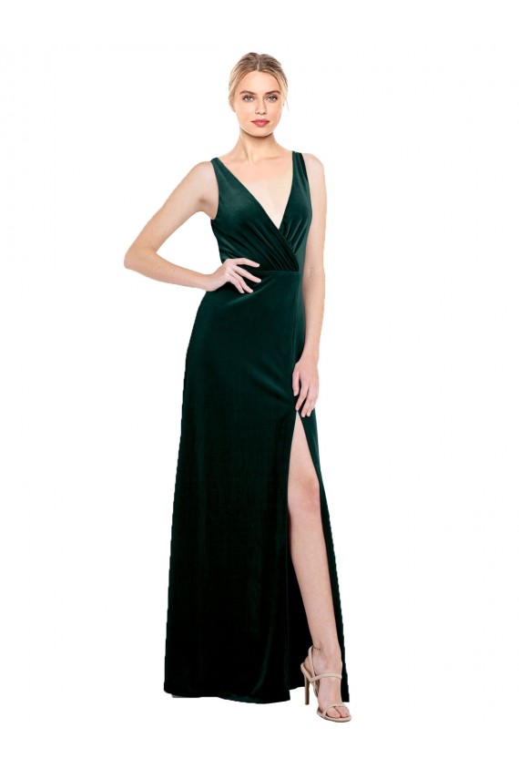Cheap Sleek V-Neck Long Velvet Prom Dress with Side Slit