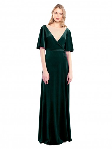 Cheap Deep V-Neck Flutter Sleeves Long Velvet Wrap Prom Dress
