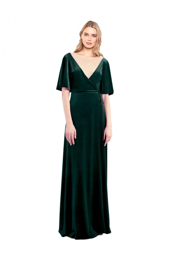 Cheap Deep V-Neck Flutter Sleeves Long Velvet Wrap Prom Dress
