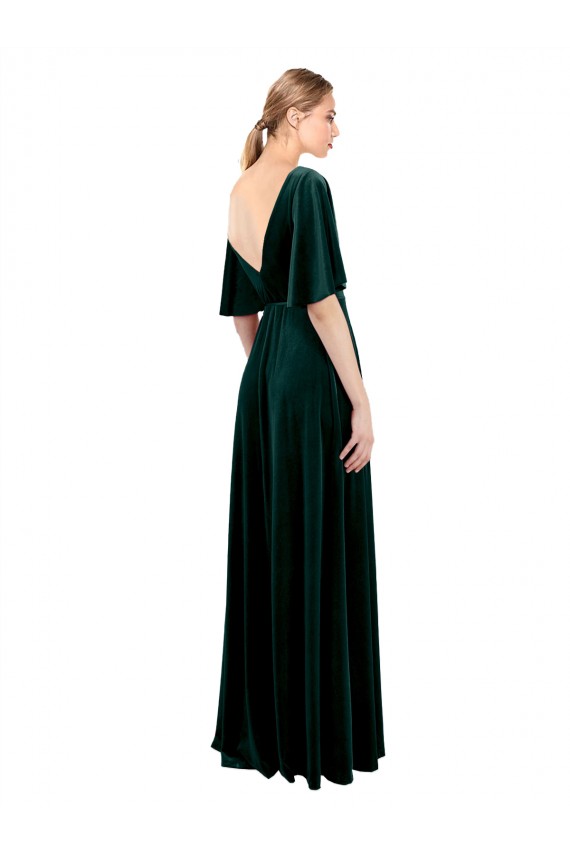 Cheap Deep V-Neck Flutter Sleeves Long Velvet Wrap Prom Dress