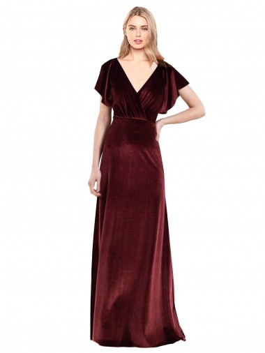 Cheap Flutter Sleeves Open Back Long Velvet Prom Dress