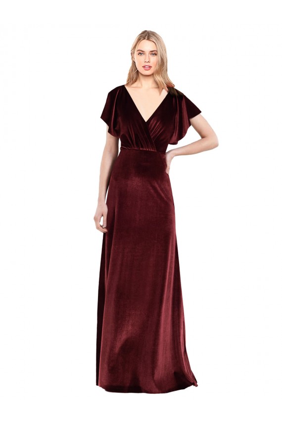Cheap Flutter Sleeves Open Back Long Velvet Prom Dress