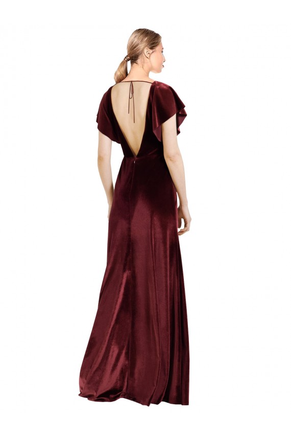 Cheap Flutter Sleeves Open Back Long Velvet Prom Dress