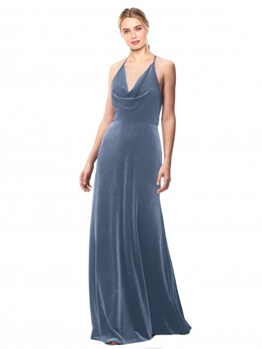 Cheap Halter Cowl Neck Long A-Line Velvet Prom Dress with Keyhole Back