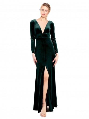 Cheap Plunging V-Neckline Long Sleeves Open Back Velvet Prom Dress
