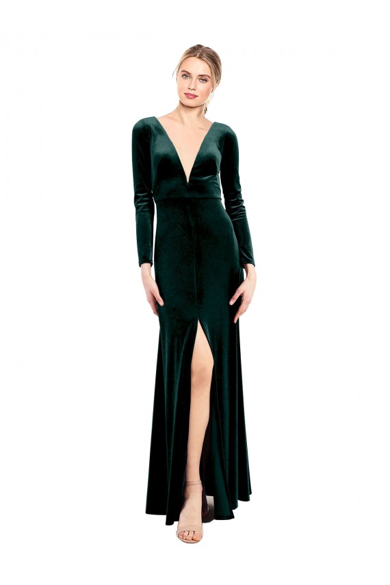 Cheap Plunging V-Neckline Long Sleeves Open Back Velvet Prom Dress