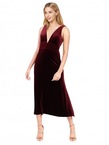 Cheap Daring Plunging V-Neckline Short Midi Length Velvet Cocktail Prom Dress / Homecoming Dress