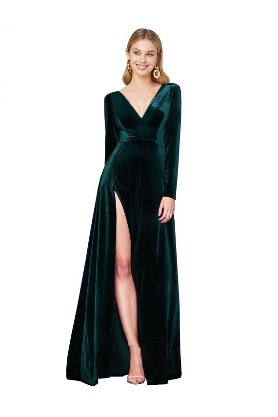 Cheap Deep V-Neck Long Sleeves Velvet Prom Dress with High Side Split