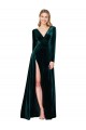 Cheap Deep V-Neck Long Sleeves Velvet Prom Dress with High Side Split