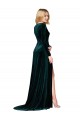 Cheap Deep V-Neck Long Sleeves Velvet Prom Dress with High Side Split