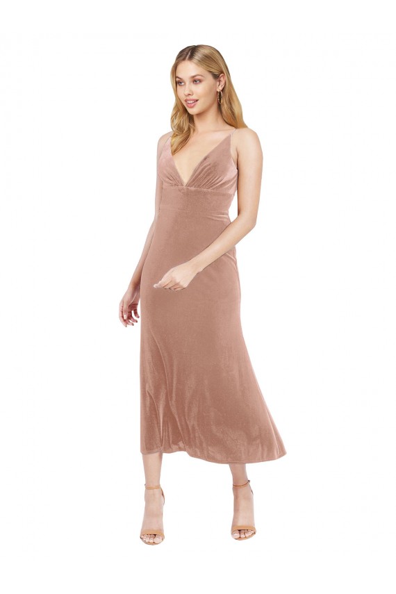 Cheap Midi Length Short V-Neck Velvet Cocktail Prom Dress / Homecoming Dress with Notched Neckline