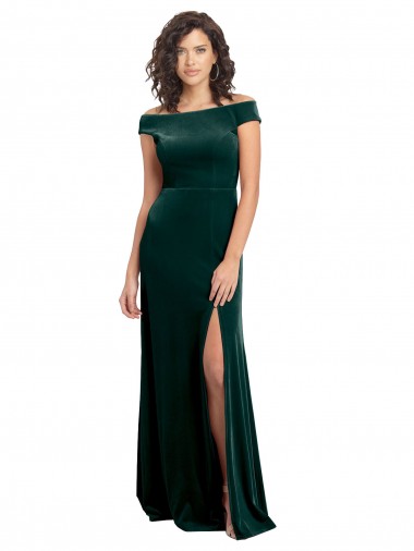 Cheap Floor Length Cap Sleeves Long Velvet Prom Dress with High Side Slit