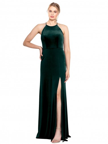 Cheap Long Jewel Neck Full Length Velvet Prom Dress with Side Slit