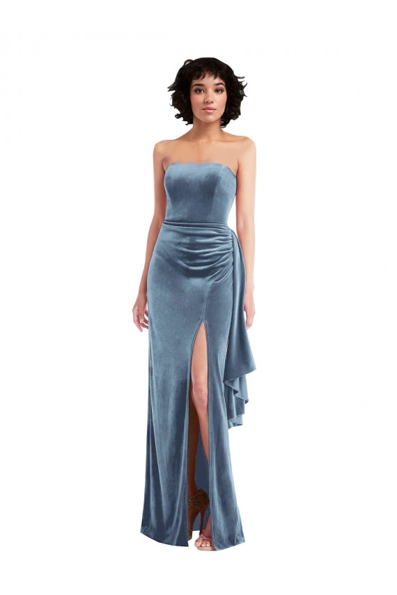 Cheap Strapless Velvet Maxi Prom Dress with Draped Skirt