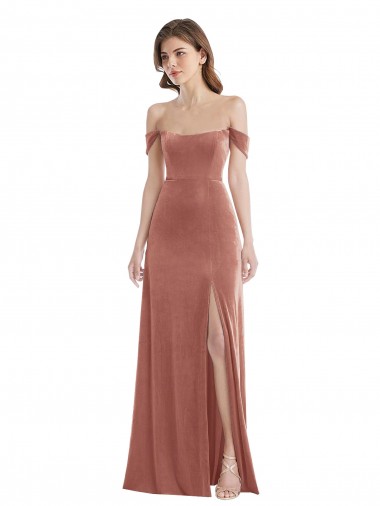 Cheap Off the Shoulder Flounce Sleeve Velvet Maxi Prom Dress & Pockets