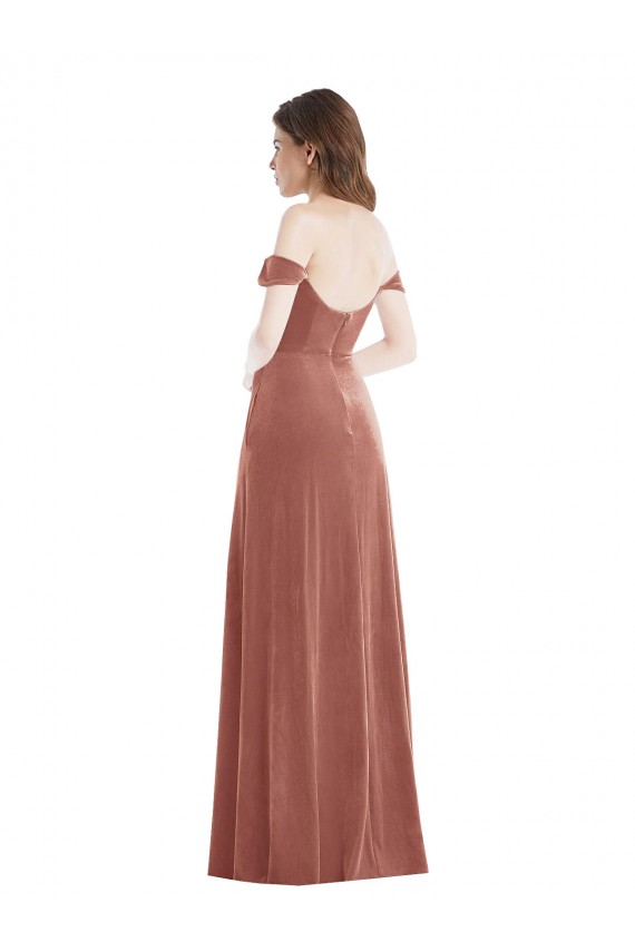 Cheap Off the Shoulder Flounce Sleeve Velvet Maxi Prom Dress & Pockets