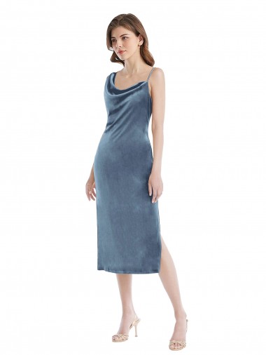 Cheap Midi Length Asymmetrical One Shoulder Velvet Slip Prom Dress
