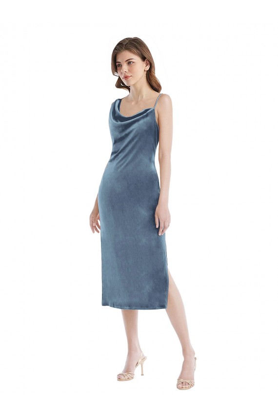 Cheap Midi Length Asymmetrical One Shoulder Velvet Slip Prom Dress