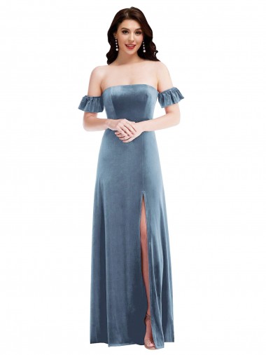 Cheap Ruffle Sleeve Off the Shoulder Velvet Maxi Prom Dress