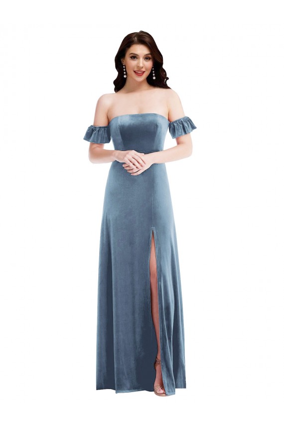 Cheap Ruffle Sleeve Off the Shoulder Velvet Maxi Prom Dress