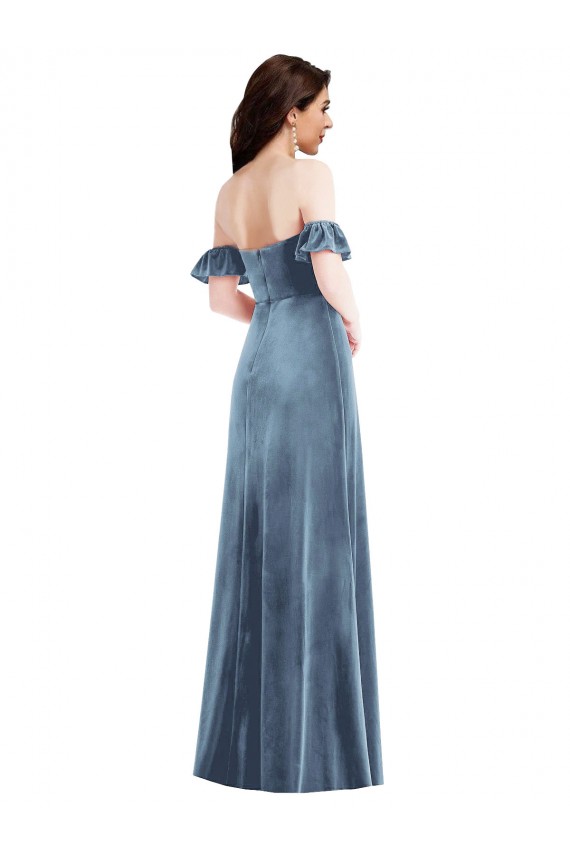 Cheap Ruffle Sleeve Off the Shoulder Velvet Maxi Prom Dress