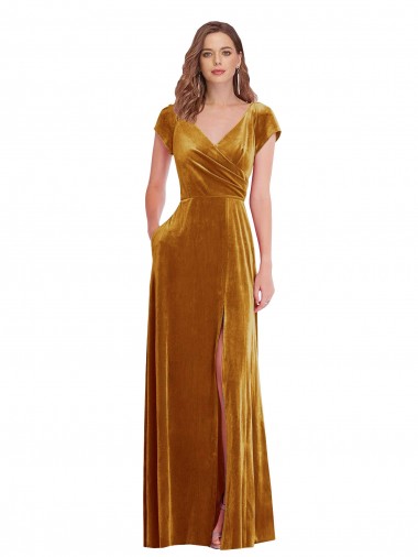 Cheap Cap Sleeve Faux Wrap Velvet Maxi Prom Dress with Pockets