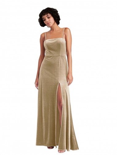 Cheap Square Neck Velvet Maxi Prom Dress with Front Slit & Pockets