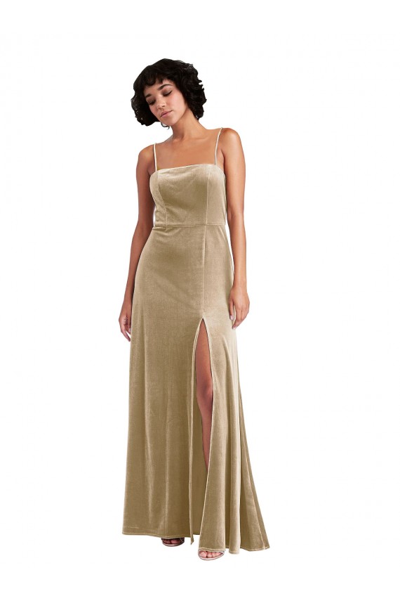 Cheap Square Neck Velvet Maxi Prom Dress with Front Slit & Pockets