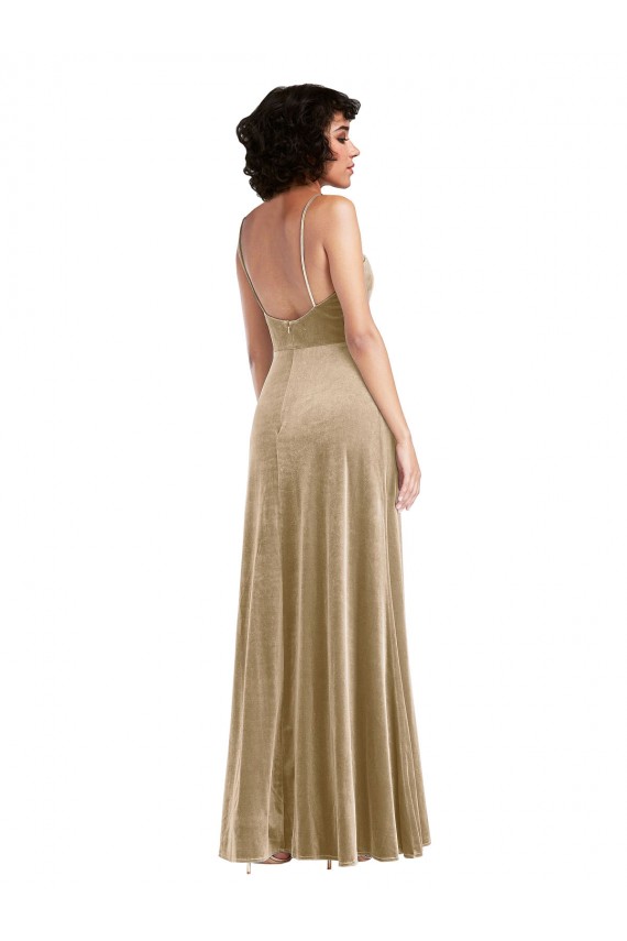 Cheap Square Neck Velvet Maxi Prom Dress with Front Slit & Pockets