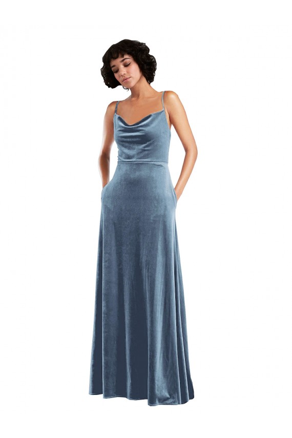 Cheap Sleek Cowl Neck Velvet Maxi Prom Dress with Pockets