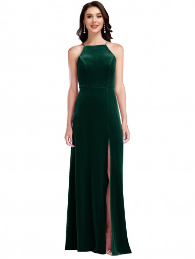 Cheap Velvet Halter Maxi Prom Dress with Front Slit & Pockets