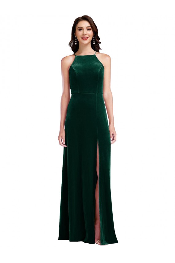 Cheap Velvet Halter Maxi Prom Dress with Front Slit & Pockets