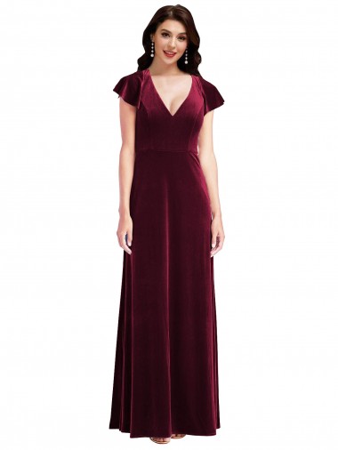 Cheap Flutter Sleeve Velvet Maxi Prom Dress with Pockets