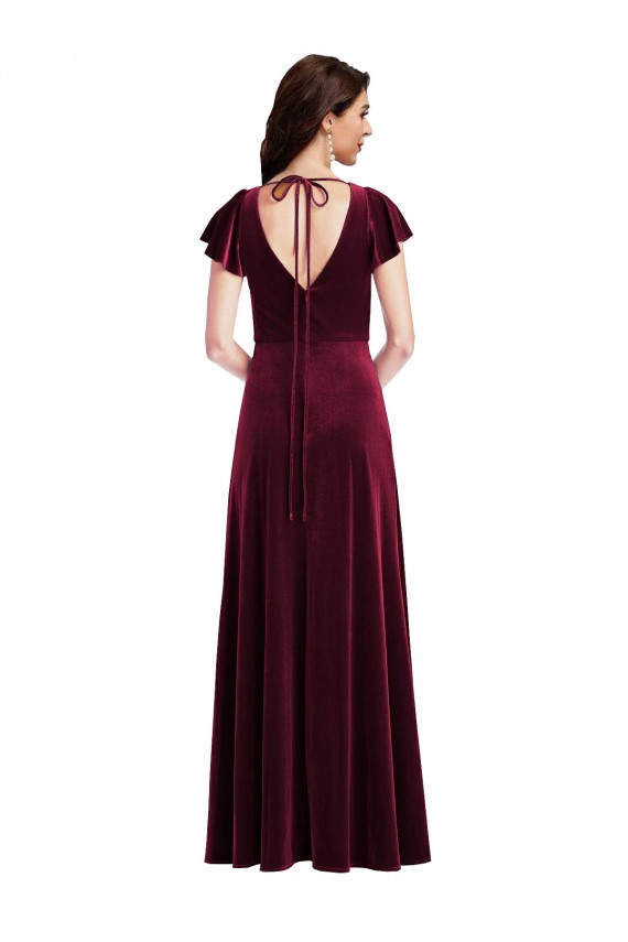 Cheap Flutter Sleeve Velvet Maxi Prom Dress with Pockets
