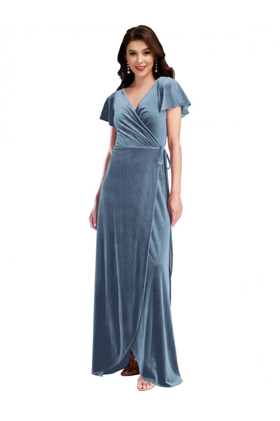 Cheap Flutter Sleeve Velvet Wrap Maxi Prom Dress with Pockets