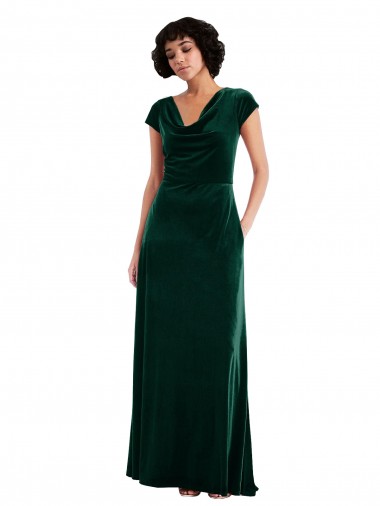 Cheap Cowl Neck Cap Sleeve Velvet Maxi Prom Dress with Pockets