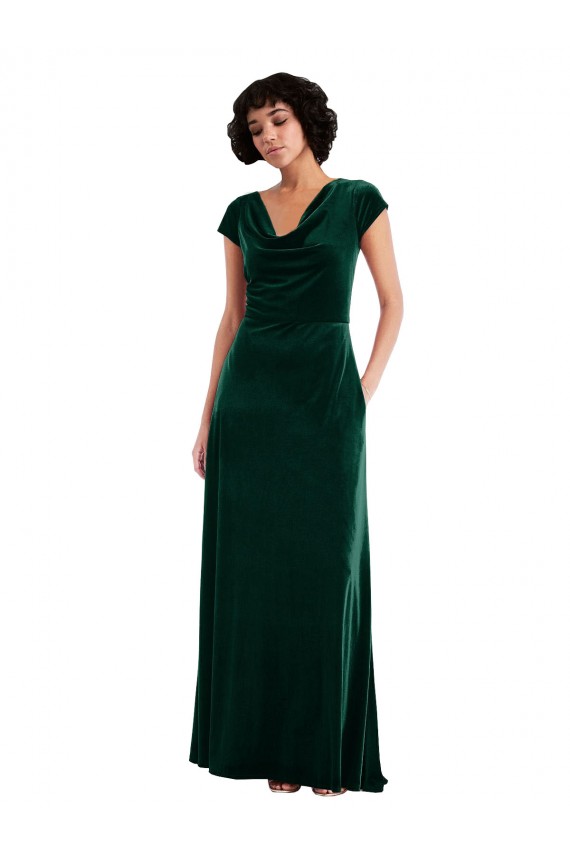 Cheap Cowl Neck Cap Sleeve Velvet Maxi Prom Dress with Pockets