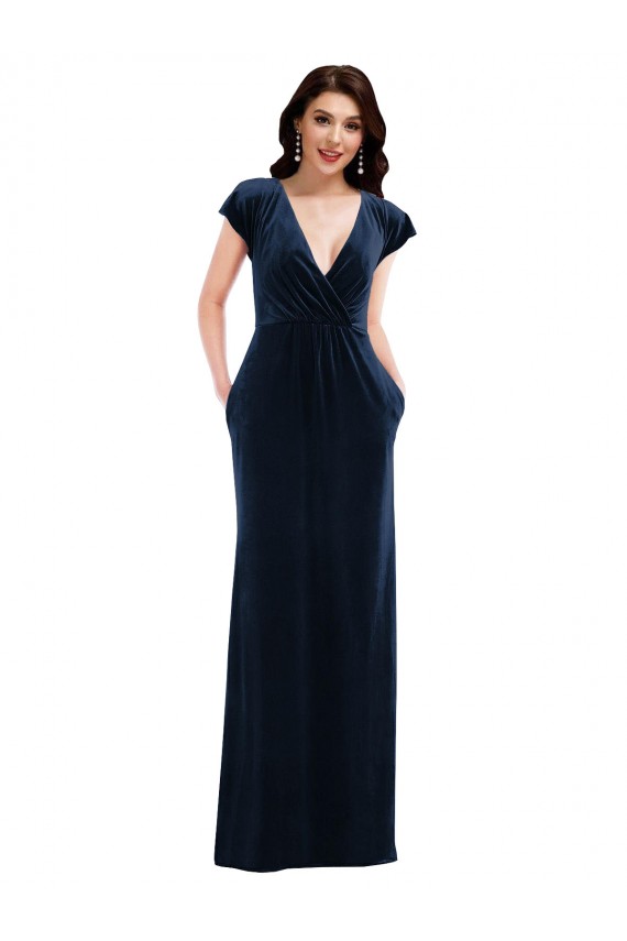Cheap Flutter Sleeve Wrap Bodice Velvet Maxi Prom Dress with Pockets