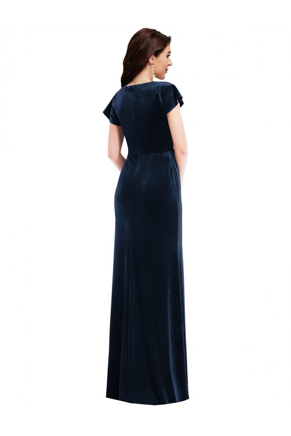 Cheap Flutter Sleeve Wrap Bodice Velvet Maxi Prom Dress with Pockets