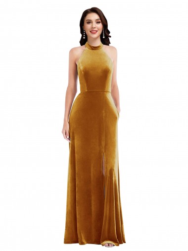 Cheap High-Neck Halter Velvet Maxi Prom Dress with Front Slit