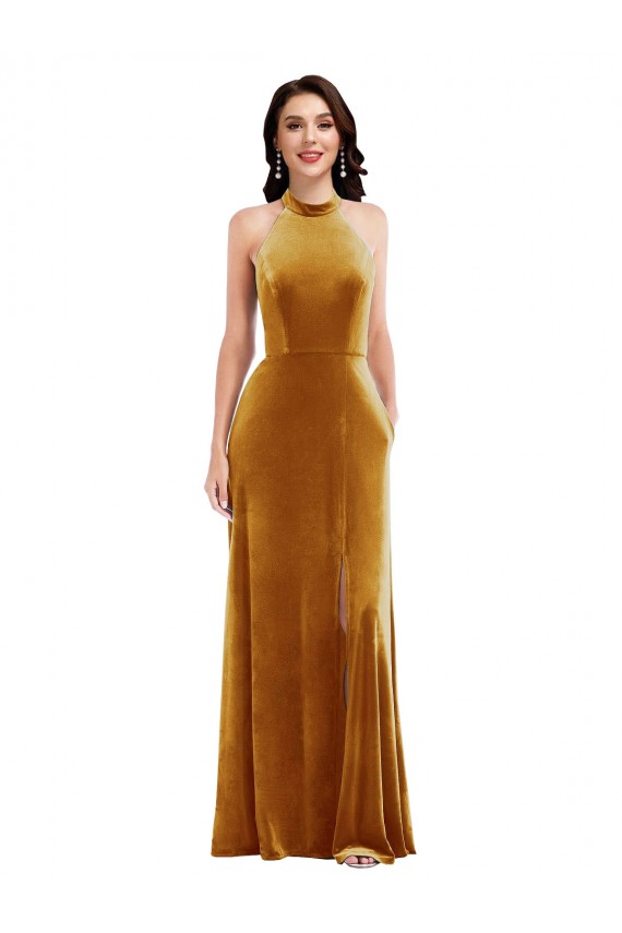 Cheap High-Neck Halter Velvet Maxi Prom Dress with Front Slit