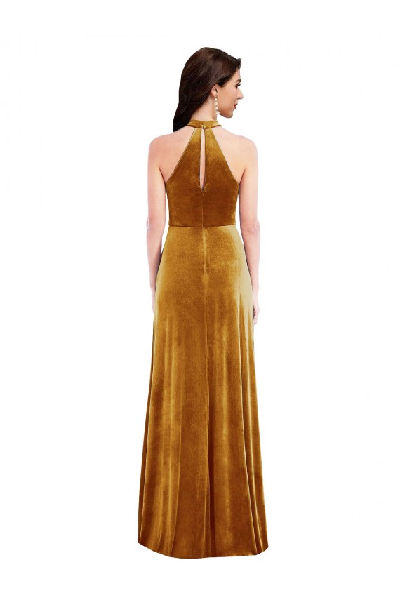 Cheap High-Neck Halter Velvet Maxi Prom Dress with Front Slit