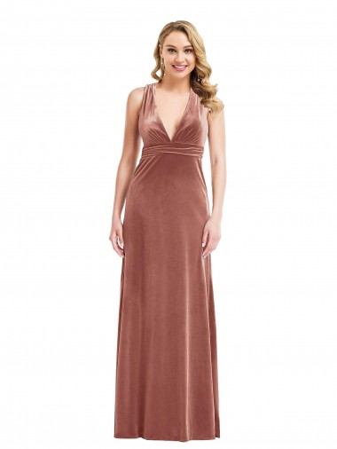 Cheap Plunging Neckline Velvet Maxi Prom Dress with Criss Cross Open Back