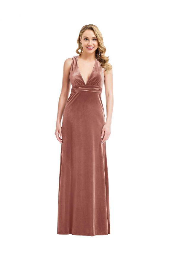 Cheap Plunging Neckline Velvet Maxi Prom Dress with Criss Cross Open Back