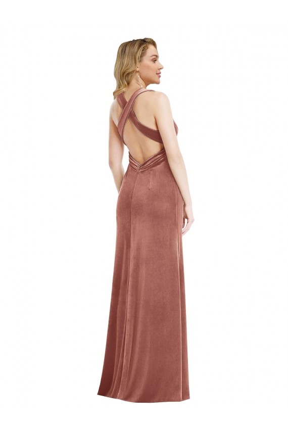 Cheap Plunging Neckline Velvet Maxi Prom Dress with Criss Cross Open Back