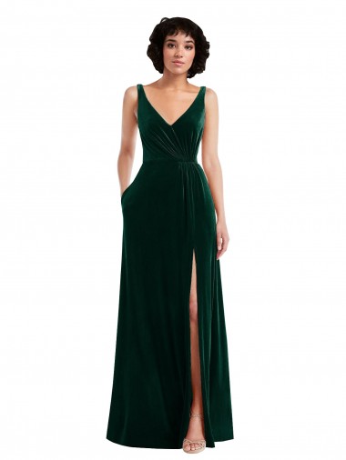 Cheap Floor Length Velvet Maxi Prom Dress with Shirred Bodice and Front Slit