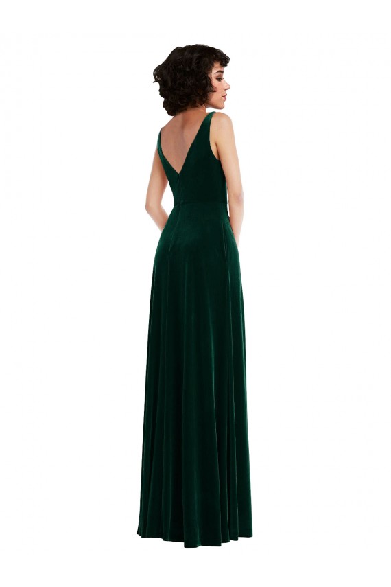 Cheap Floor Length Velvet Maxi Prom Dress with Shirred Bodice and Front Slit