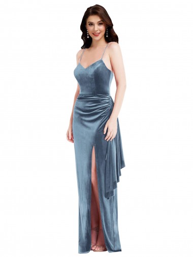 Cheap Spaghetti Strap Velvet Maxi Prom Dress with Draped Skirt